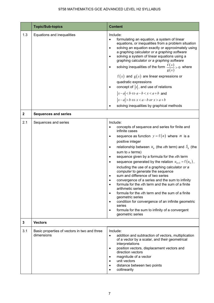 H2 Mathematics syllabus page 7 covering equations, inequalities, sequences, series and vectors
