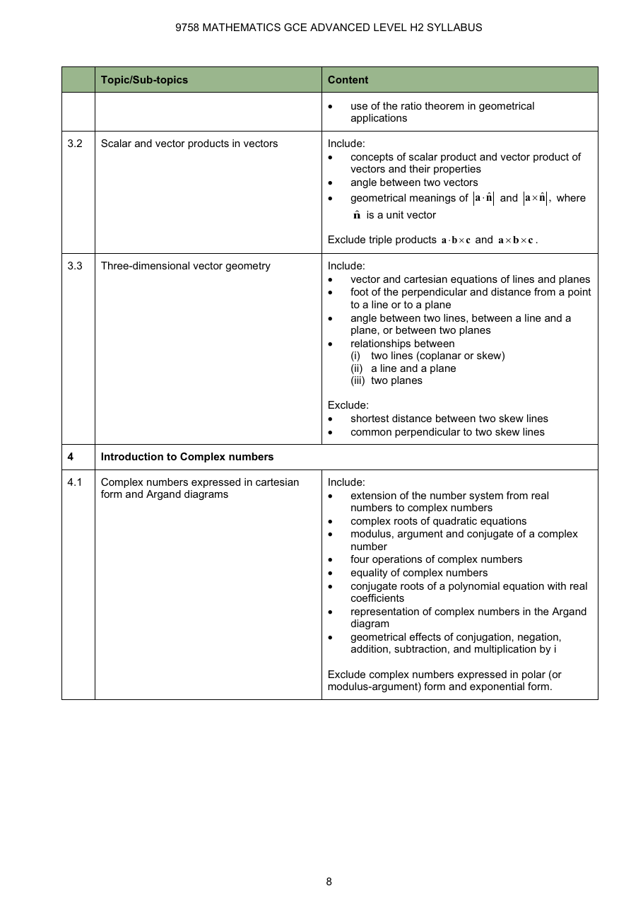 H2 Mathematics syllabus page 8 covering vectors and complex numbers