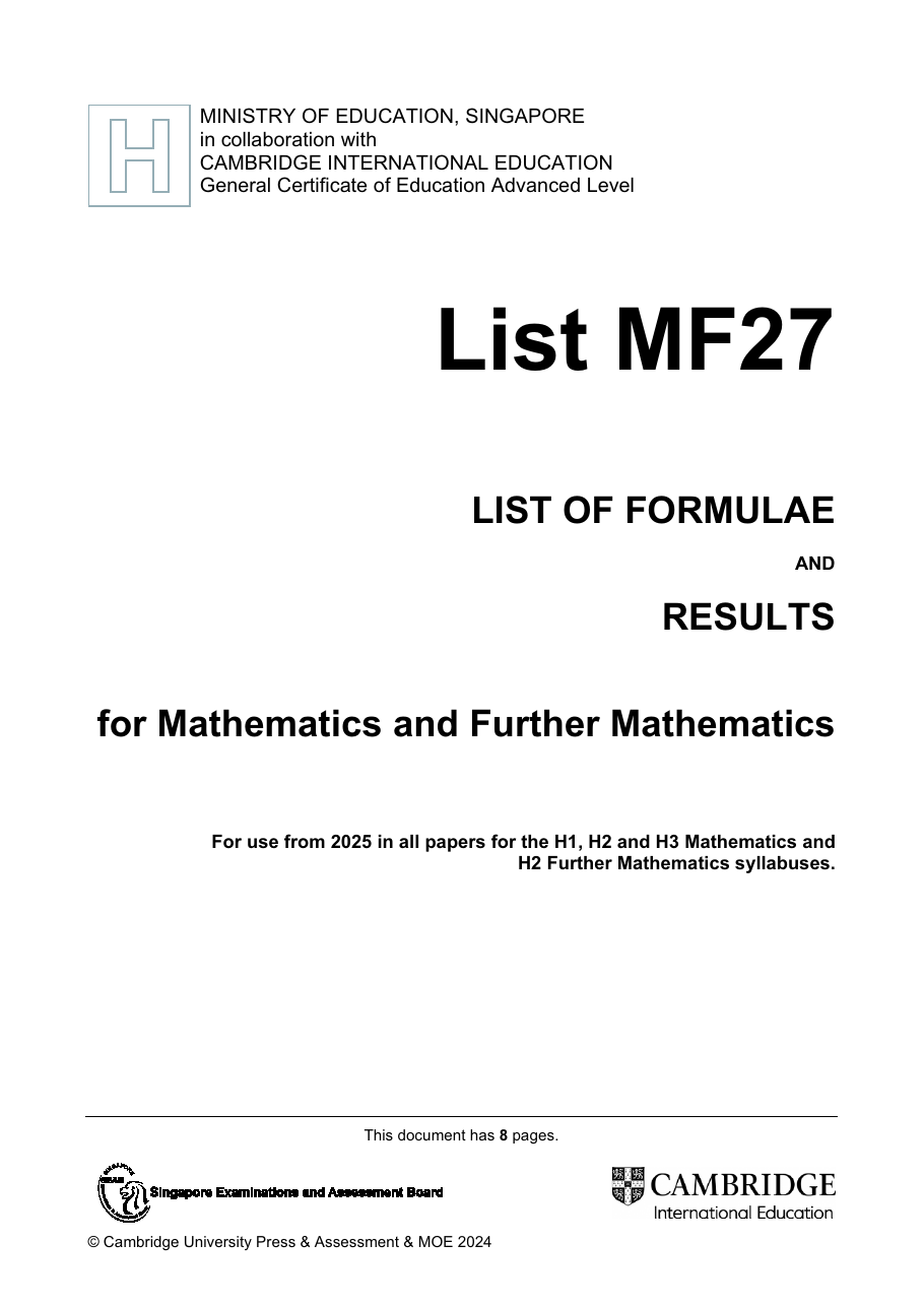 MF27 page 1 cover showing the A-Level Mathematics syllabuses that use the formula list