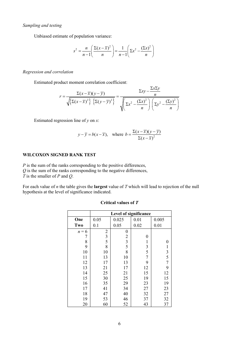 MF27 page 6 showing sampling, testing, regression and correlation formulae