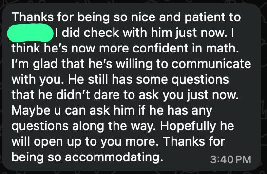 Parent testimonial praising patient and accommodating math guidance